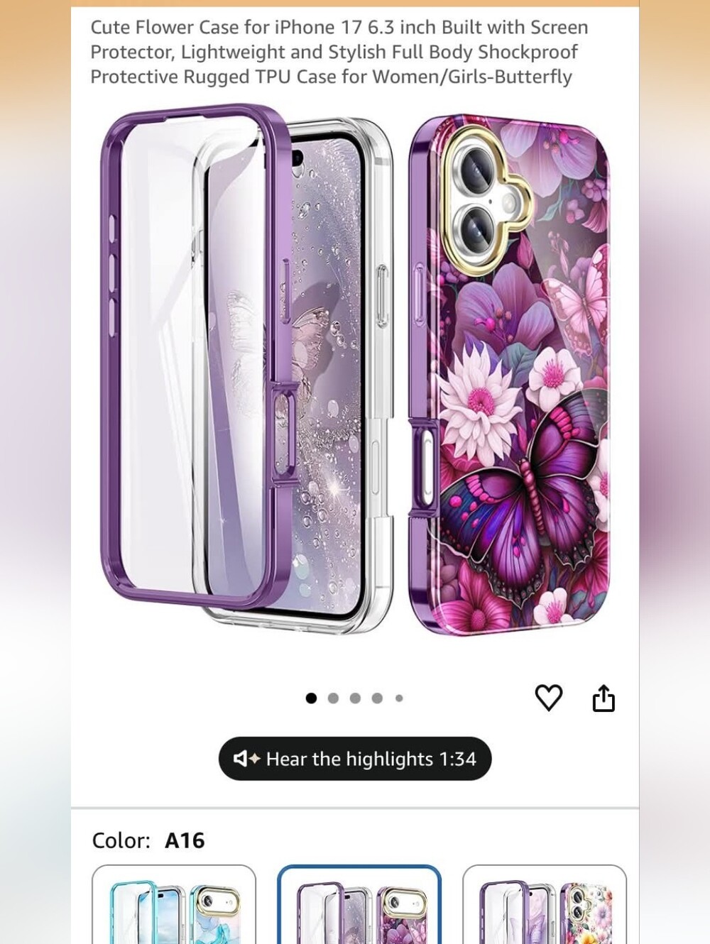 Purple Butterfly Floral TPU Phone Case with Built-In Screen Protector